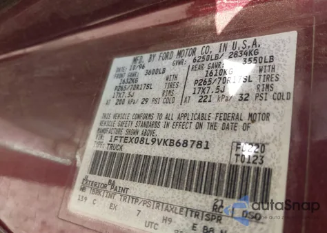 1997 Ford F-150 Lariat/Xl/Xlt из США, поврежденный, VIN 1FTEX08L9VKB68781